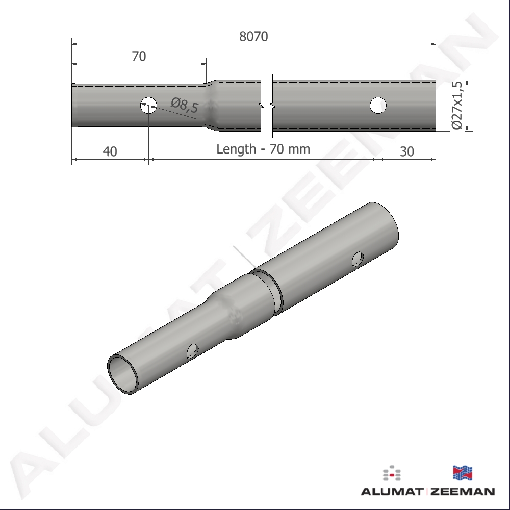Contiflo tube Ø27x1,5 L=8070 mm swaged/hole Ø8,5 detail 2