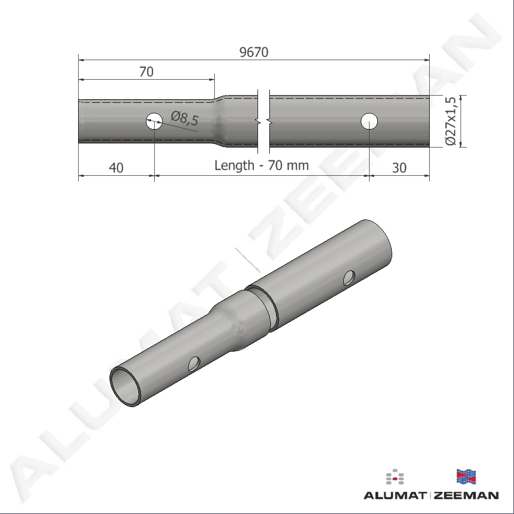Contiflo tube Ø27x1,5 L=9670 mm swaged/hole Ø8,5 detail 2