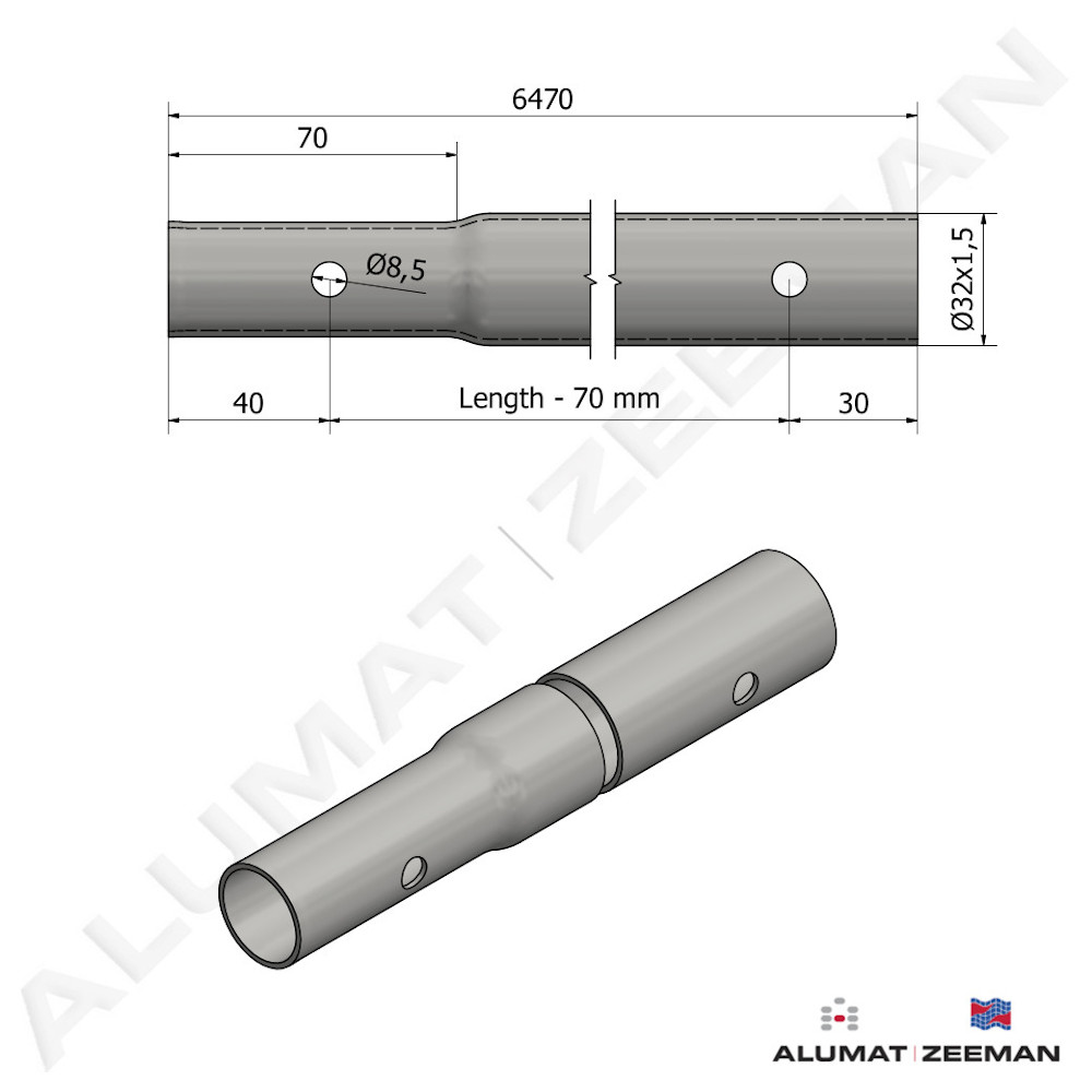 Contiflo tube Ø32x1,5 L=6470 mm swaged/hole Ø8,5 detail 2