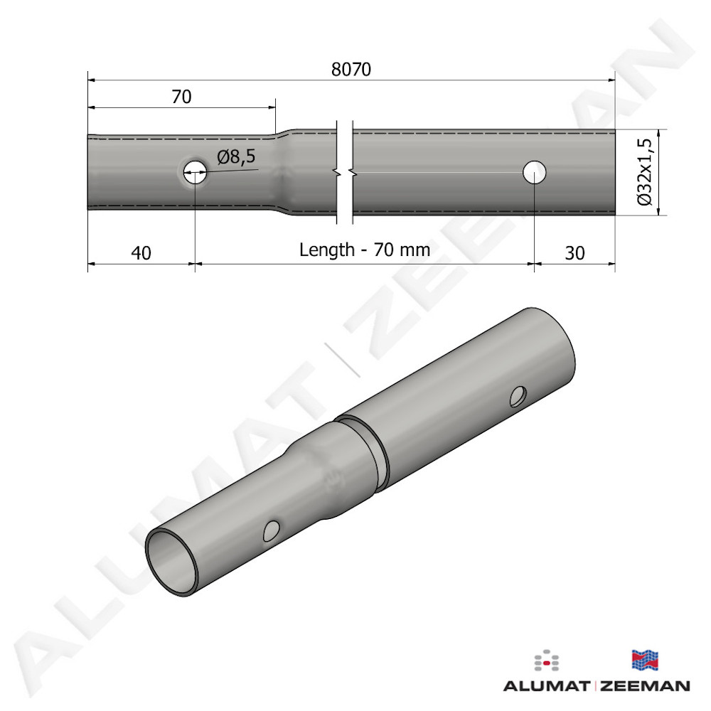 Contiflo tube Ø32x1,5 L=8070 mm swaged/hole Ø8,5 detail 2