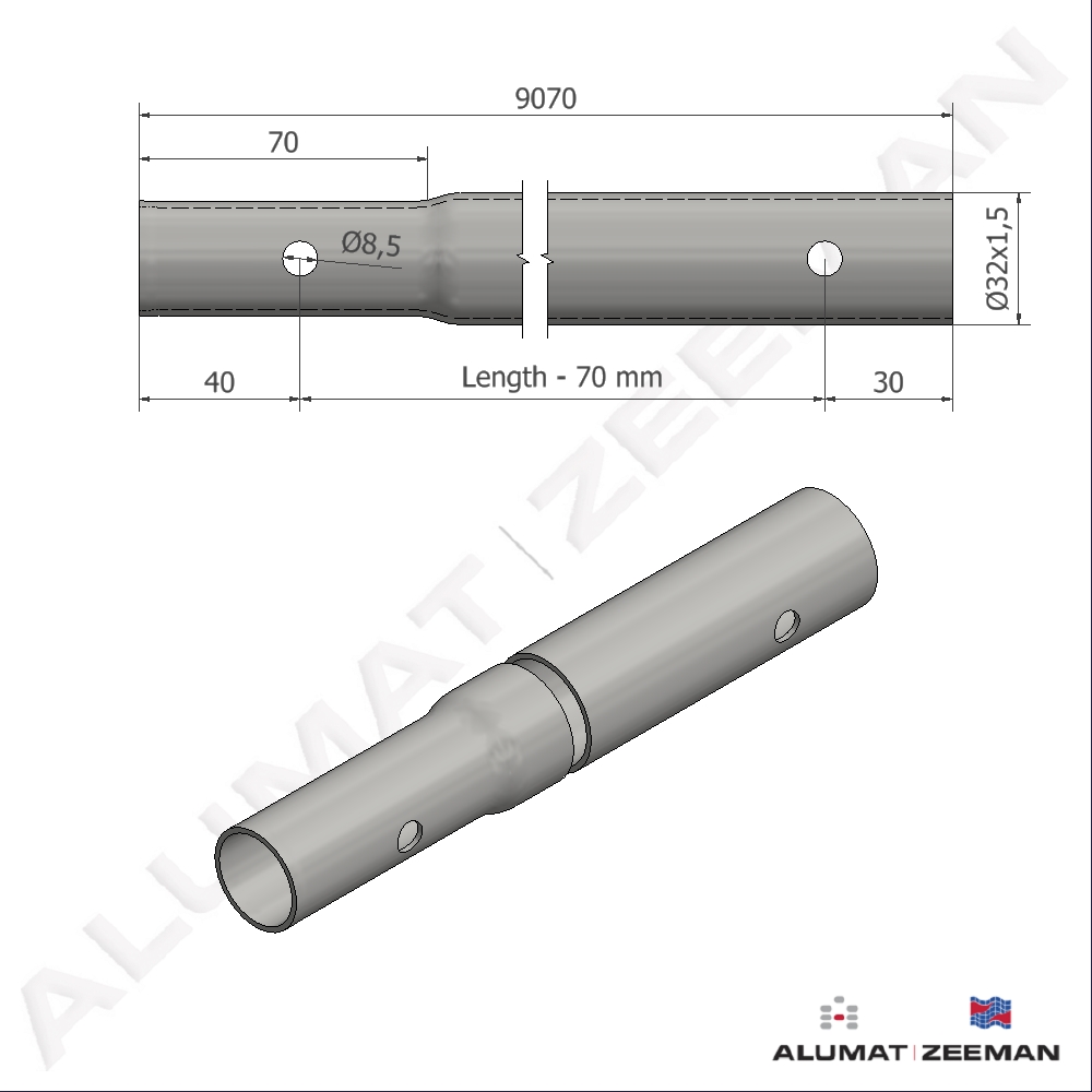Contiflo tube Ø32x1,5 L=9070 mm swaged/hole Ø8,5 detail 2