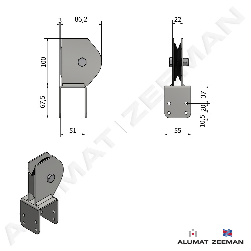Reversal pulley hd.galv. Ø80 mm 50x30/50 4000 N detail 2