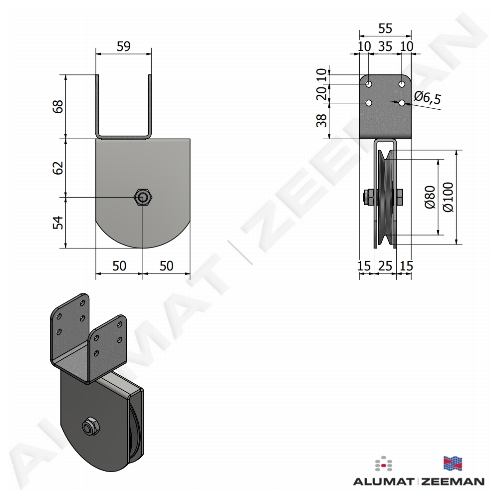 Reversal pulley hd.galv. Ø100 mm 50x30/50 4500 N detail 2