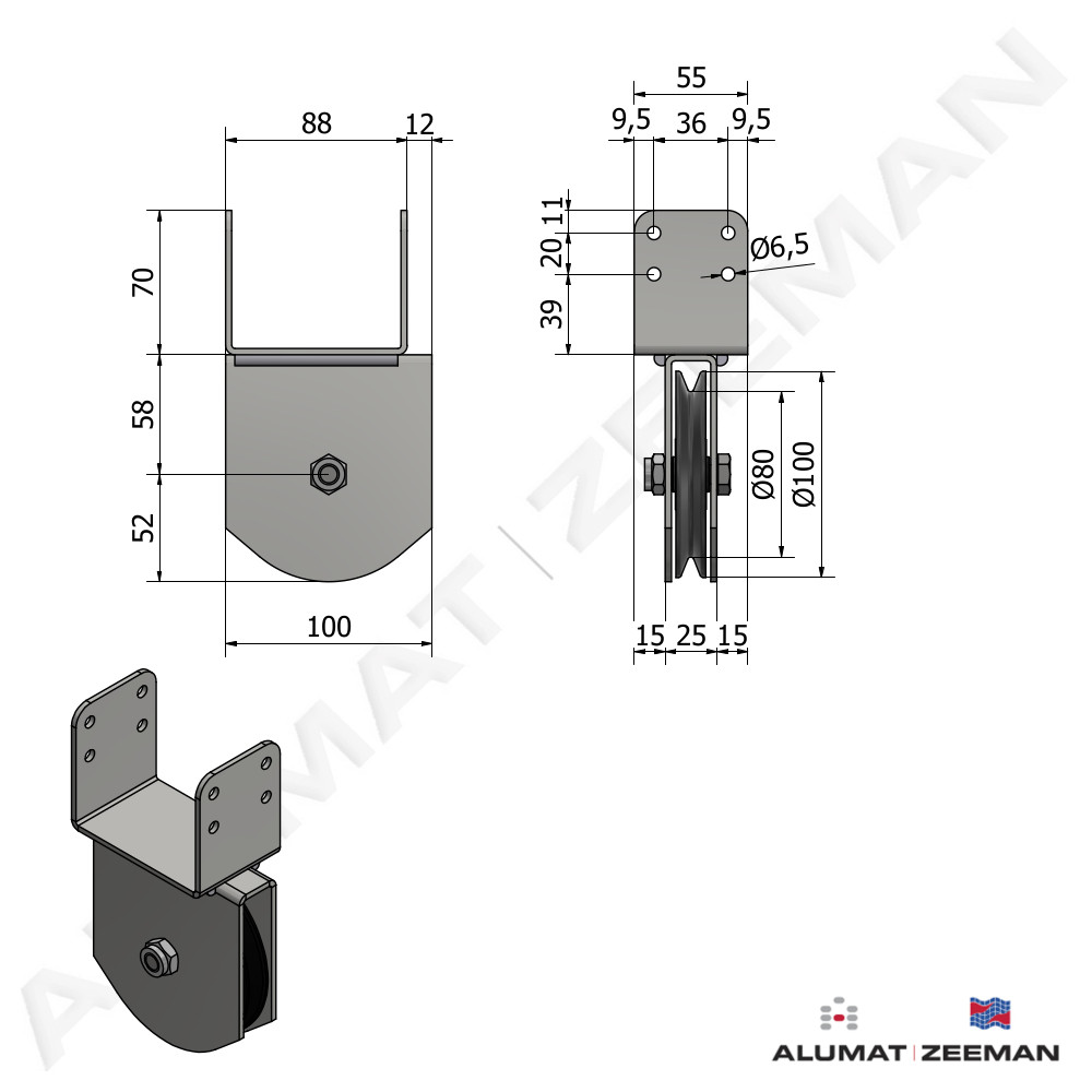 Reversal pulley hd.galv. Ø100 mm 80x50 4500 N detail 2