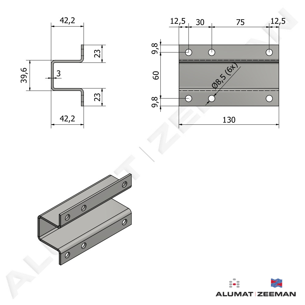 Omega plate hd.galv. L=130 mm For sq. tube 50x30 mm torque at assembly 10Nm detail 2