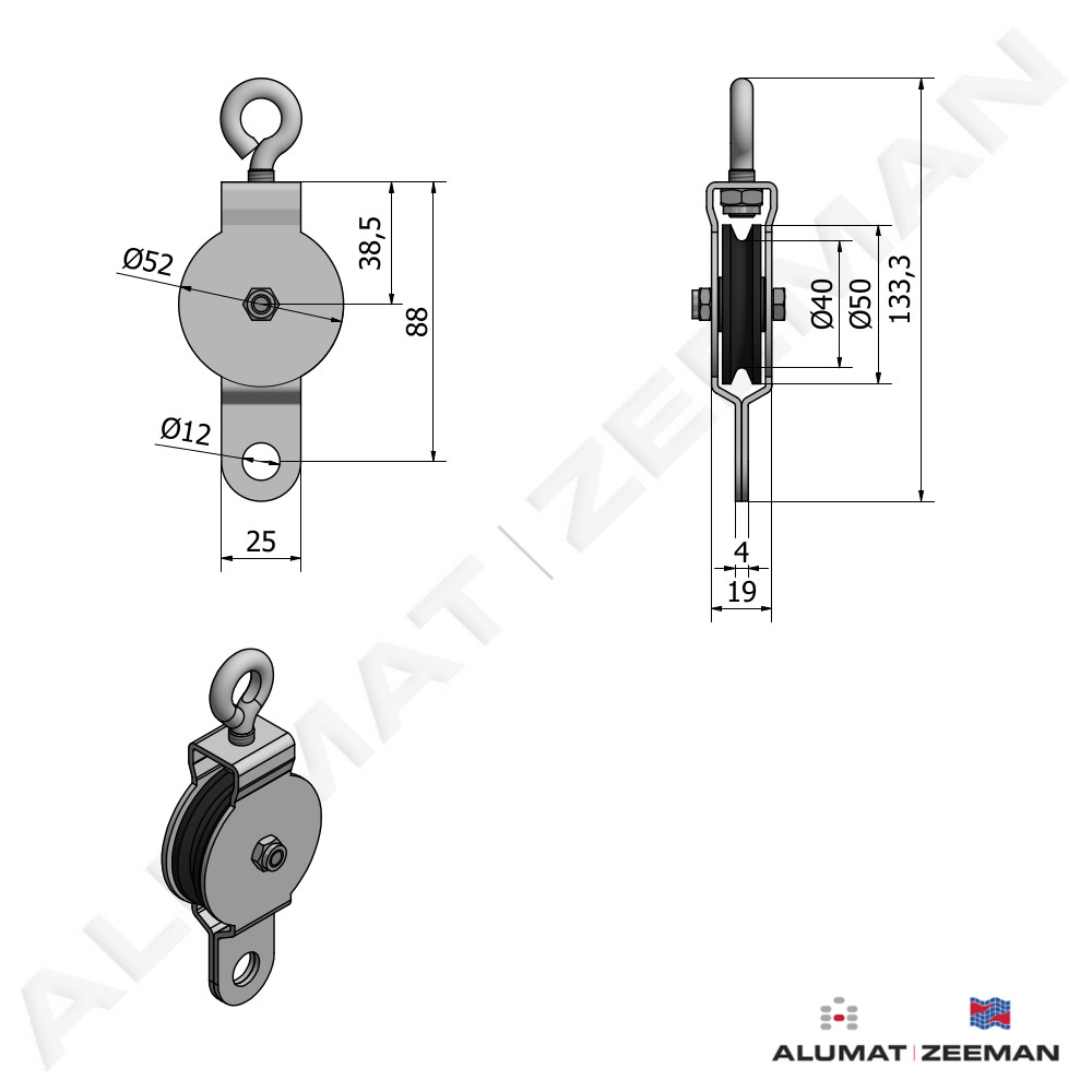 Pulley 2" SD/PW swivel eye, max. tensile force 30 kg detail 2