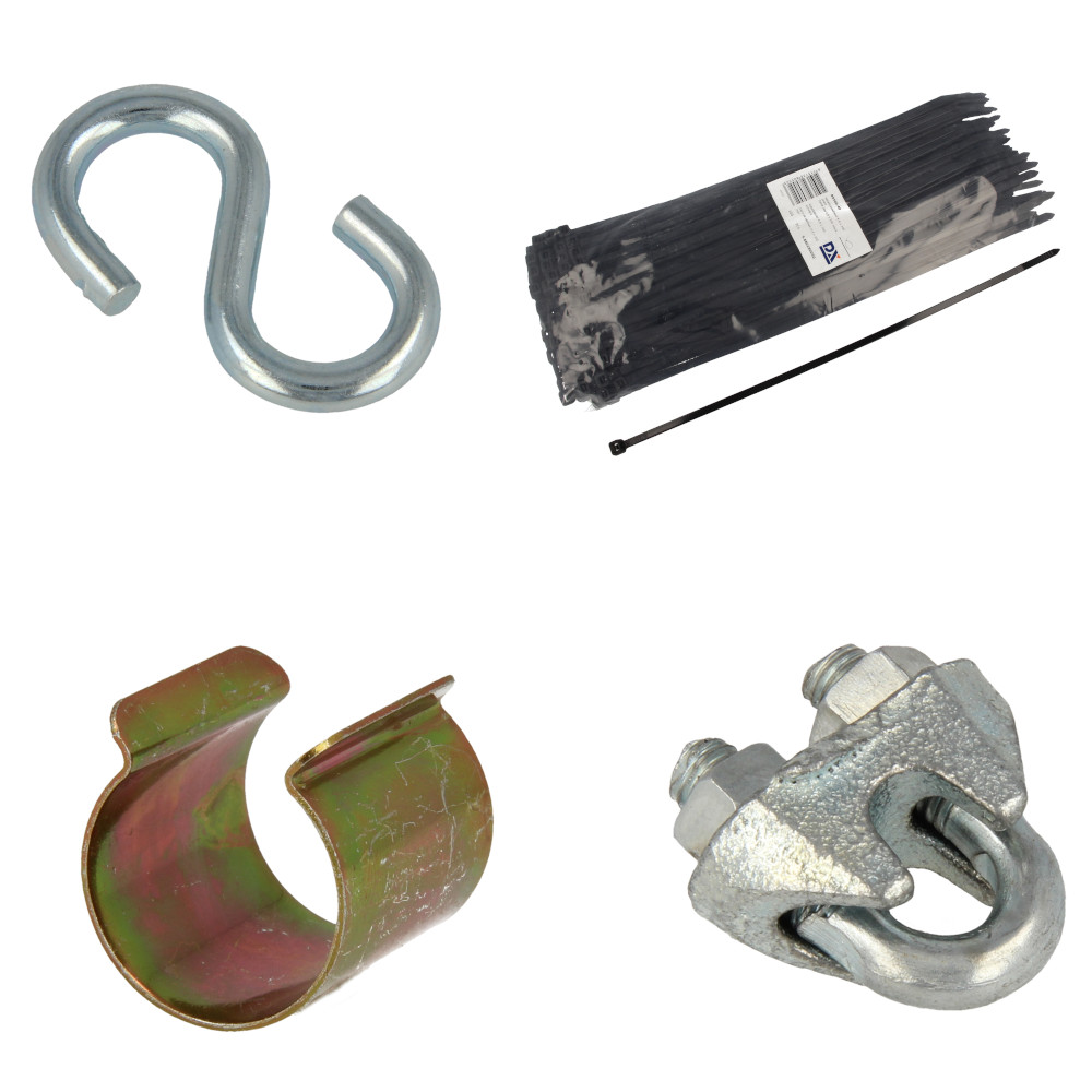 Various fasteners S-hooks, steel wire clamp, cloth clamp steel etc.